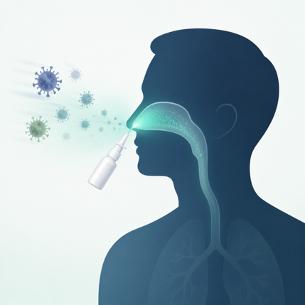 Intranasal GPS543 — respiratory delivery illustration showing lungs and nasal spray administration